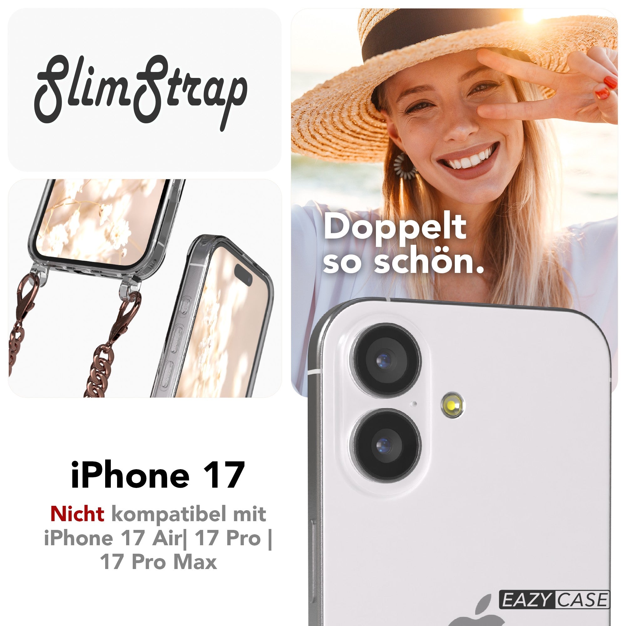 iPhone 17 Hülle mit Metallkette + Schwarze Kordel mit MagSafe