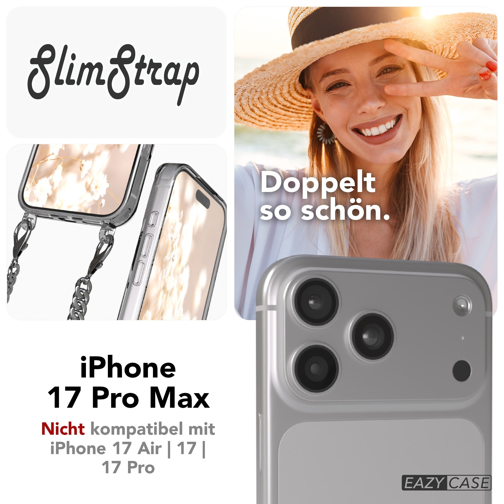 iPhone 17 Pro Max Hülle mit Metallkette + Schwarze Kordel