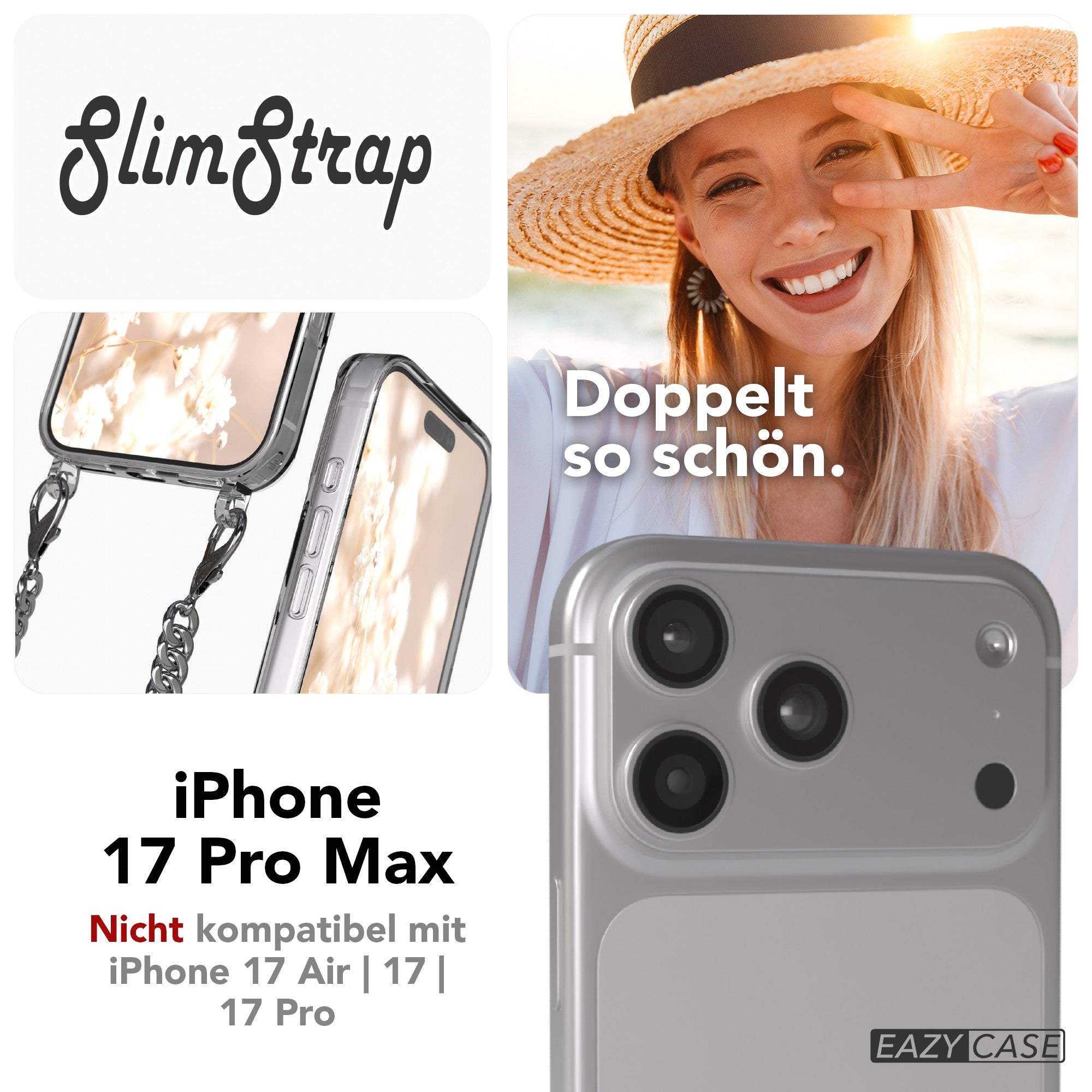 iPhone 17 Pro Max Hülle mit Metallkette + Schwarze Kordel mit MagSafe