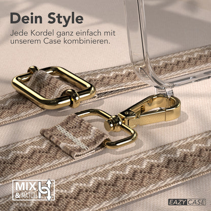 iPhone 17 Pro Max MagSafe Hülle mit verstellbarer Boho Handykette #farbe_braun-wellen-metallfarbe-gold
