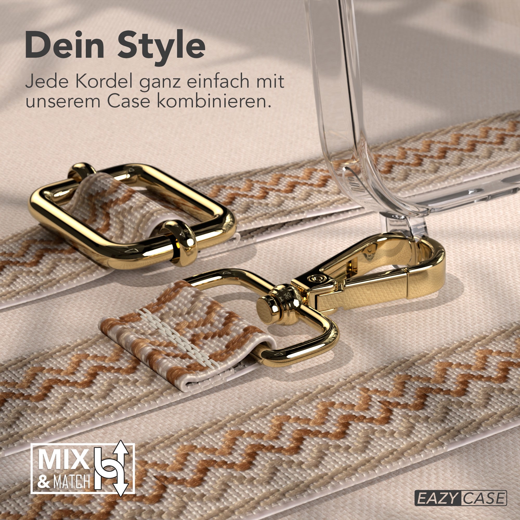 iPhone 17 Pro Max MagSafe Hülle mit verstellbarer Boho Handykette #farbe_beige-wellen-metallfarbe-gold