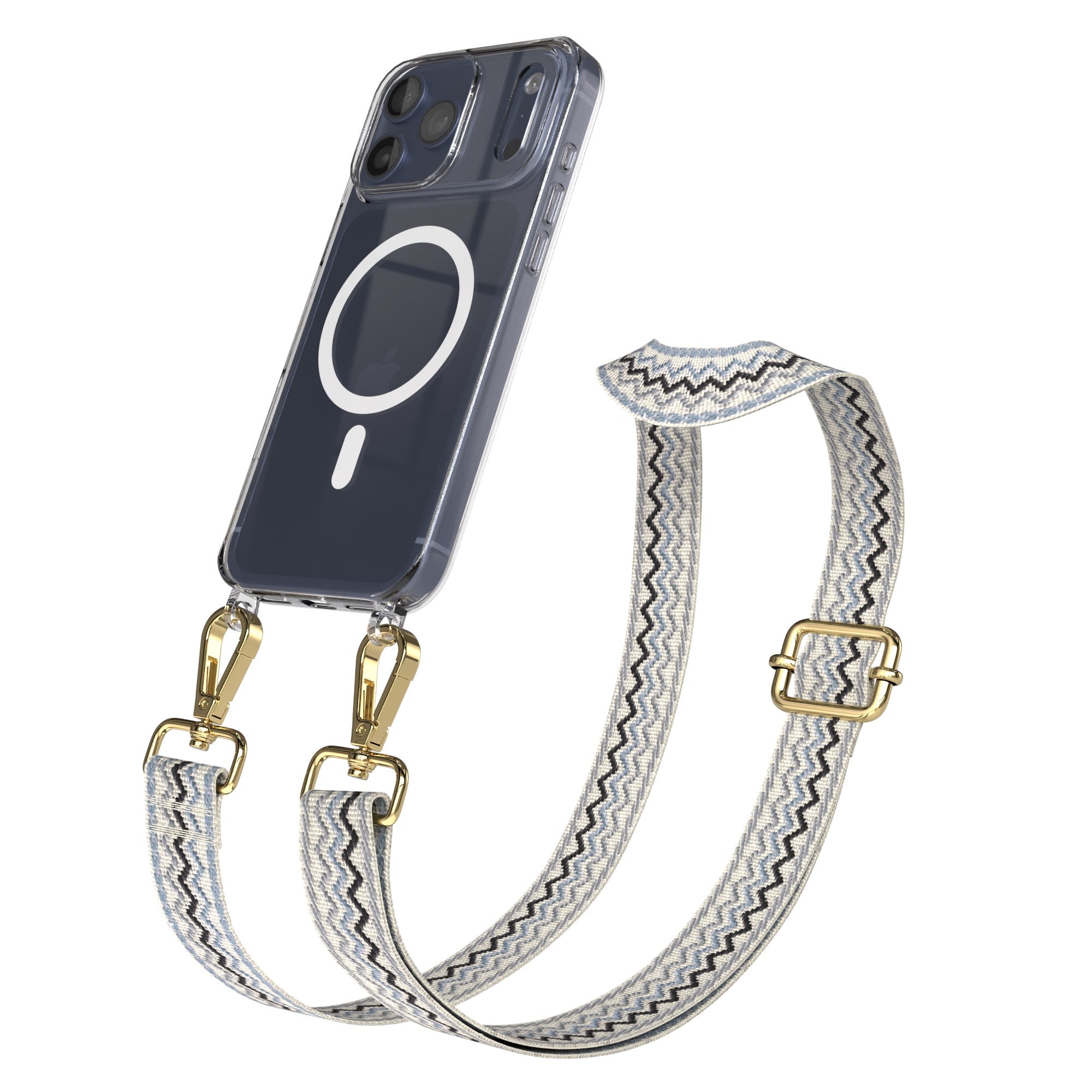 iPhone 17 Pro Max MagSafe Hülle mit verstellbarer Boho Handykette #farbe_blau-wellen-metallfarbe-gold