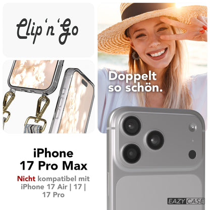iPhone 17 Pro Max MagSafe Hülle mit verstellbarer Boho Handykette #farbe_blau-wellen-metallfarbe-gold