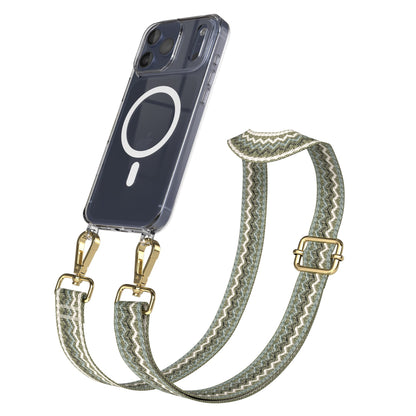 iPhone 17 Pro Max MagSafe Hülle mit verstellbarer Boho Handykette #farbe_grun-wellen-metallfarbe-gold