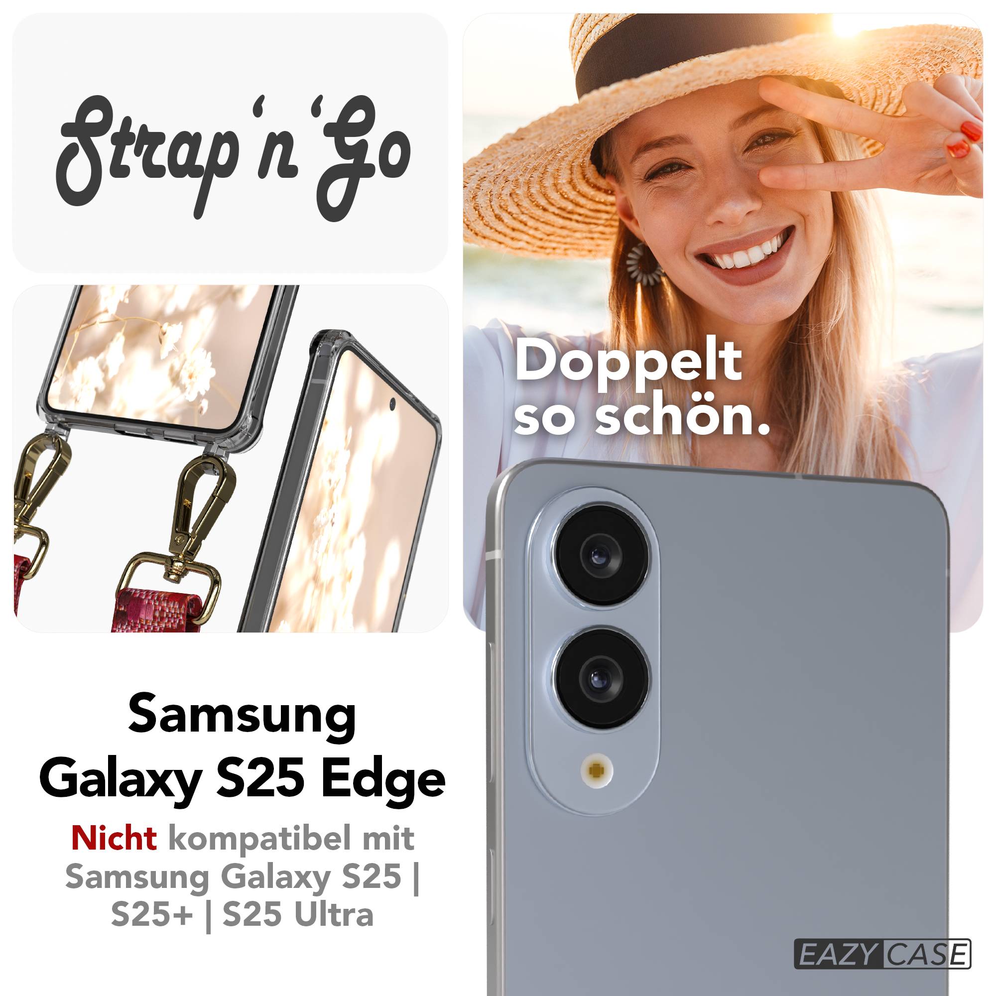 Samsung Galaxy S25 Edge Handykette mit verstellbarem Boho Trageriemen #farbe_beere-metallfarbe-gold