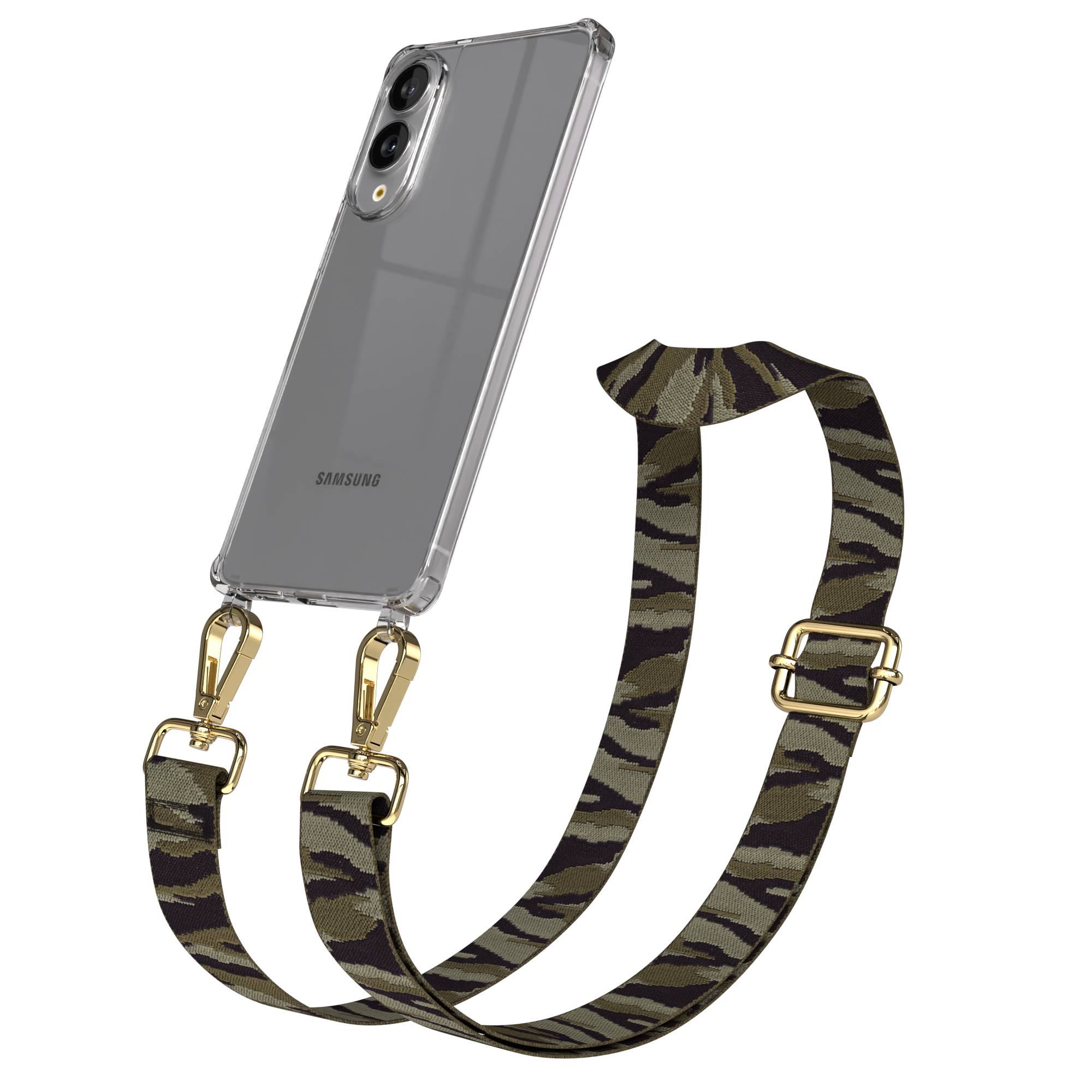 Samsung Galaxy S25 Edge Handykette mit verstellbarem Boho Trageriemen #farbe_grun-camouflage-metallfarbe-gold