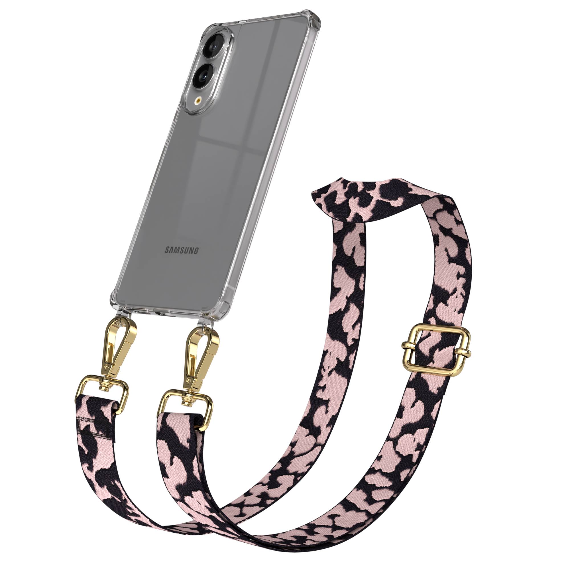 Samsung Galaxy S25 Edge Handykette mit verstellbarem Boho Trageriemen #farbe_rosa-camouflage-metallfarbe-gold