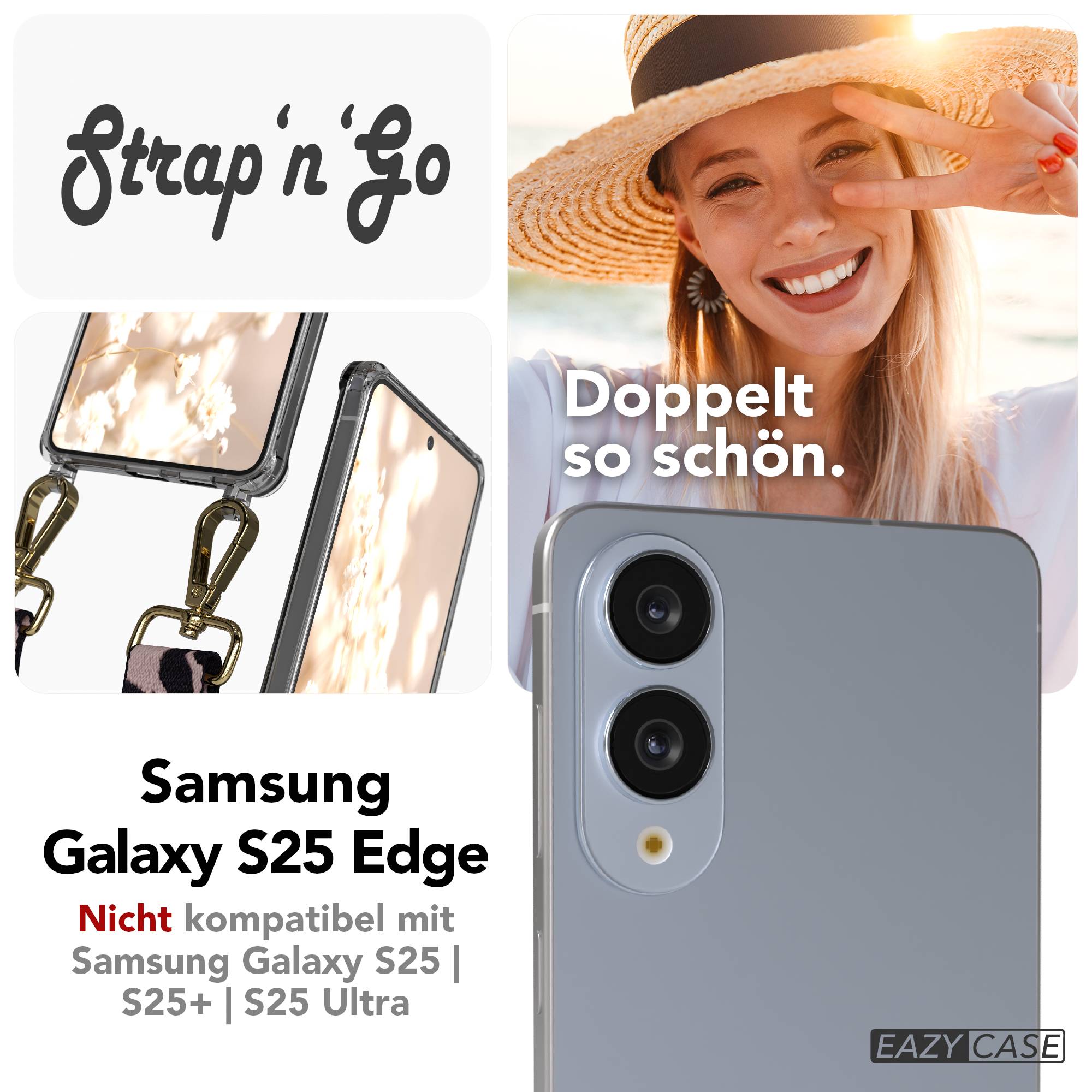 Samsung Galaxy S25 Edge Handykette mit verstellbarem Boho Trageriemen #farbe_rosa-camouflage-metallfarbe-gold