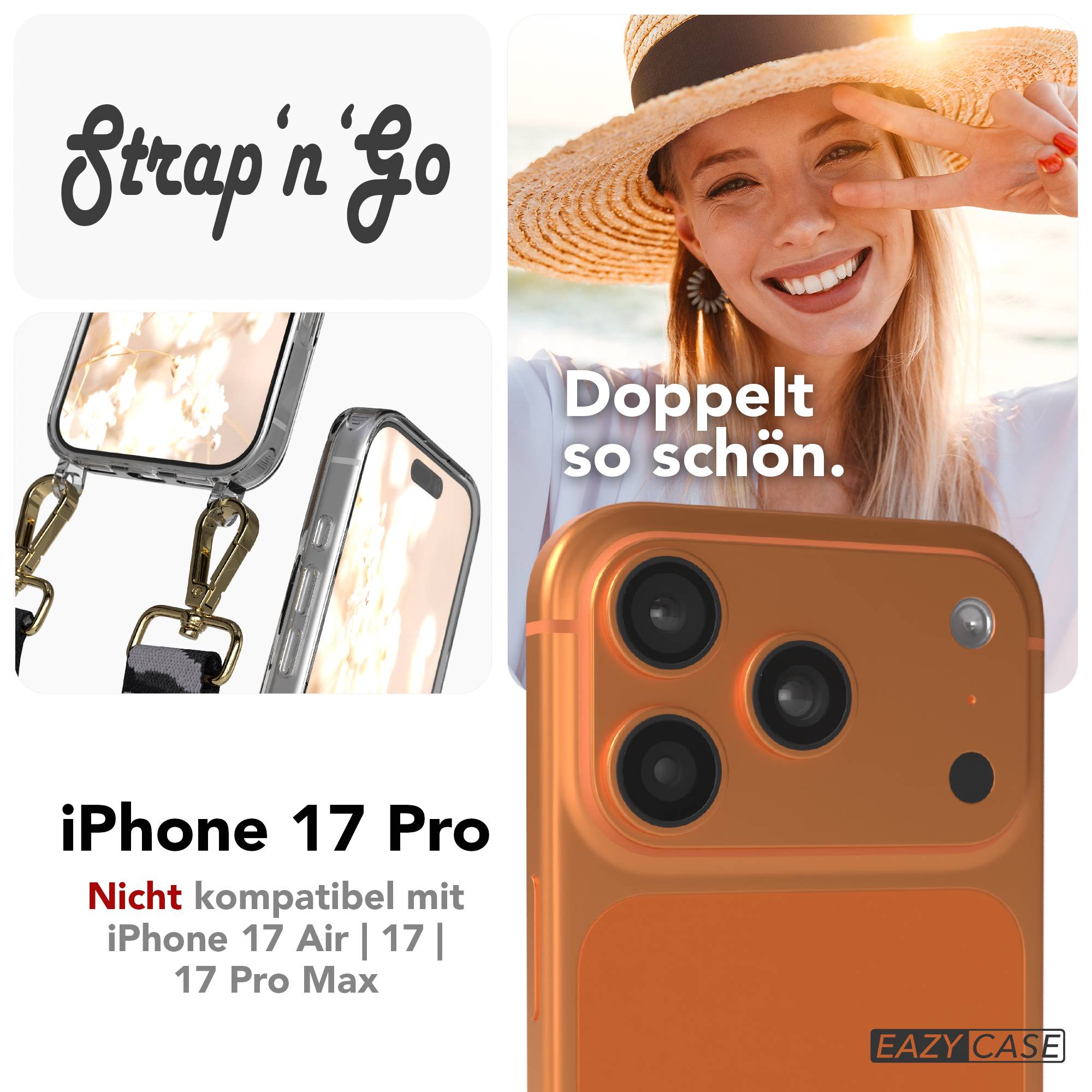iPhone 17 Pro Handykette mit Boho Band verstellbar #farbe_grau-camouflage-metallfarbe-gold