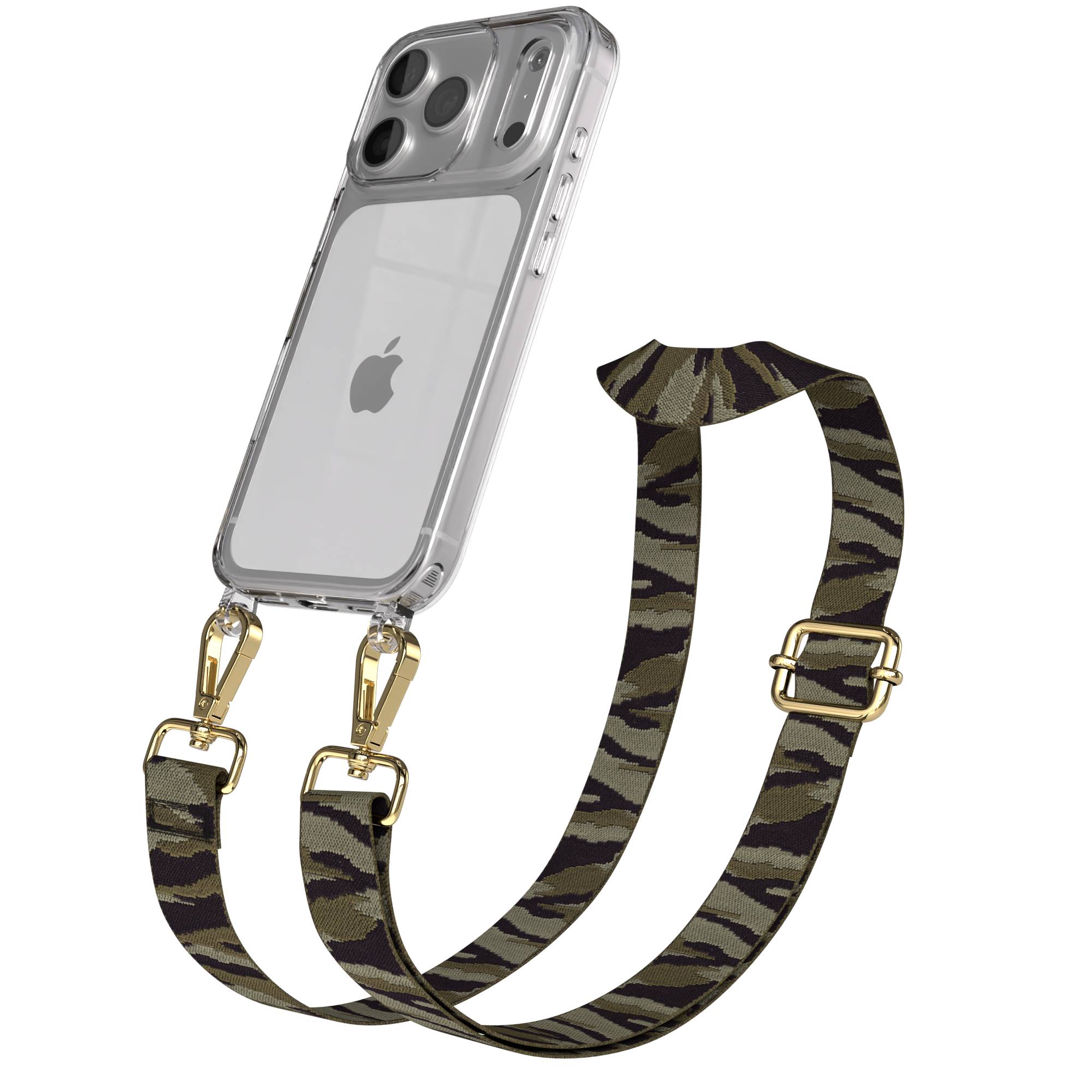 iPhone 17 Pro Handykette mit Boho Band verstellbar #farbe_grun-camouflage-metallfarbe-gold
