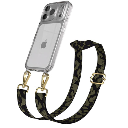 iPhone 17 Pro Handykette mit Boho Band verstellbar #farbe_dunkelgrun-camouflage-metallfarbe-gold