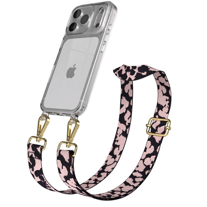 iPhone 17 Pro Handykette mit Boho Band verstellbar #farbe_rosa-camouflage-metallfarbe-gold