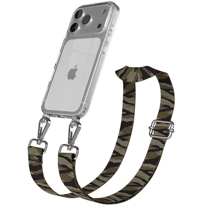 iPhone 17 Pro Handykette mit Boho Band verstellbar #farbe_grun-camouflage-metallfarbe-silber
