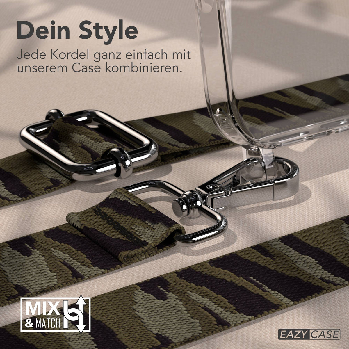 iPhone 17 Pro Handykette mit Boho Band verstellbar #farbe_grun-camouflage-metallfarbe-silber