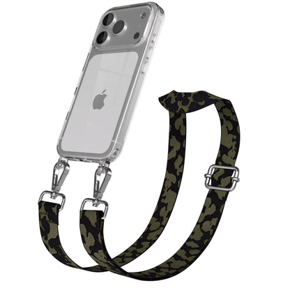 iPhone 17 Pro Handykette mit Boho Band verstellbar #farbe_dunkelgrun-camouflage-metallfarbe-silber