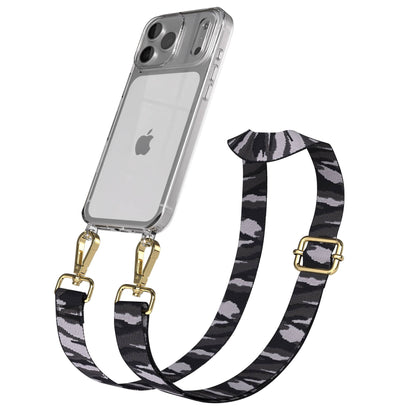 iPhone 17 Pro Max Handykette mit Boho Band verstellbar EAZY CASE #farbe_grau-camouflage-metallfarbe-gold
