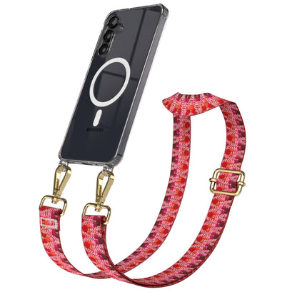 Samsung Galaxy A16 Handykette mit MagSafe Hülle und Boho Trageriemen #farbe_beere-metallfarbe-gold