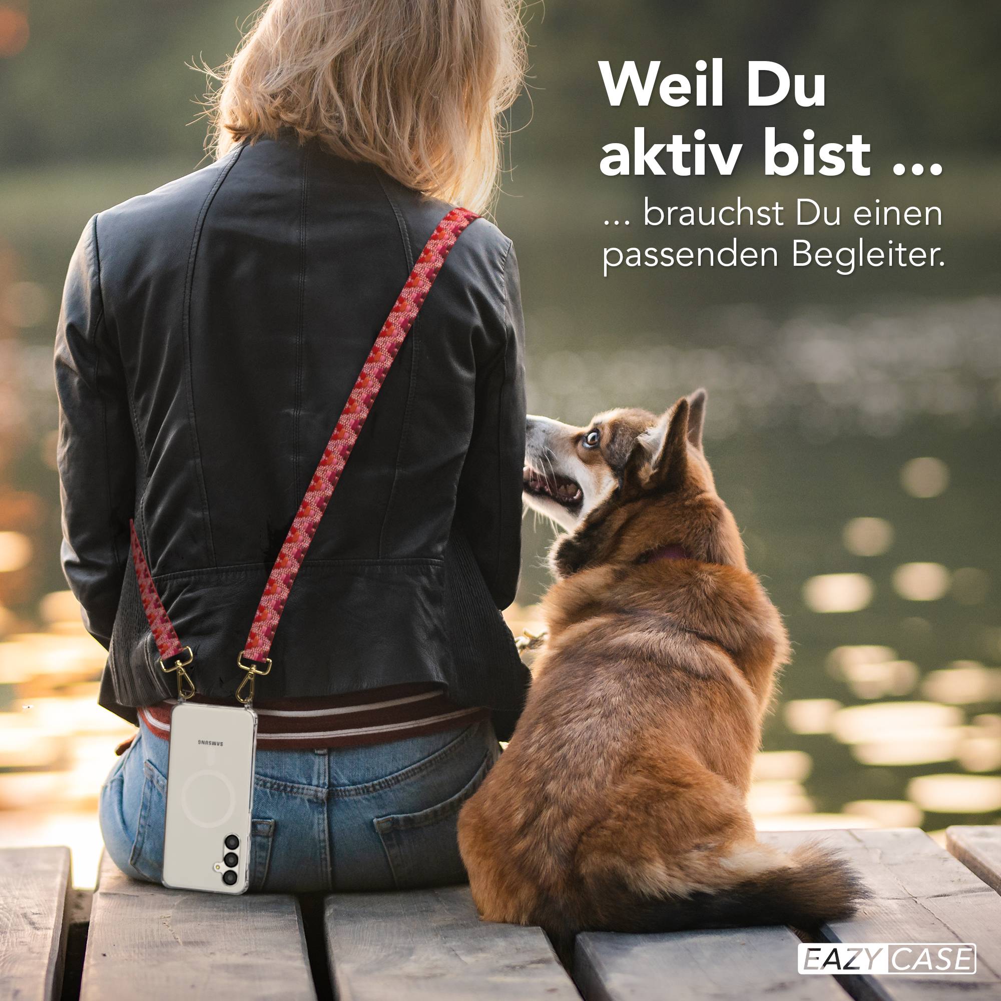 Samsung Galaxy A16 Handykette mit MagSafe Hülle und Boho Trageriemen #farbe_beere-metallfarbe-gold