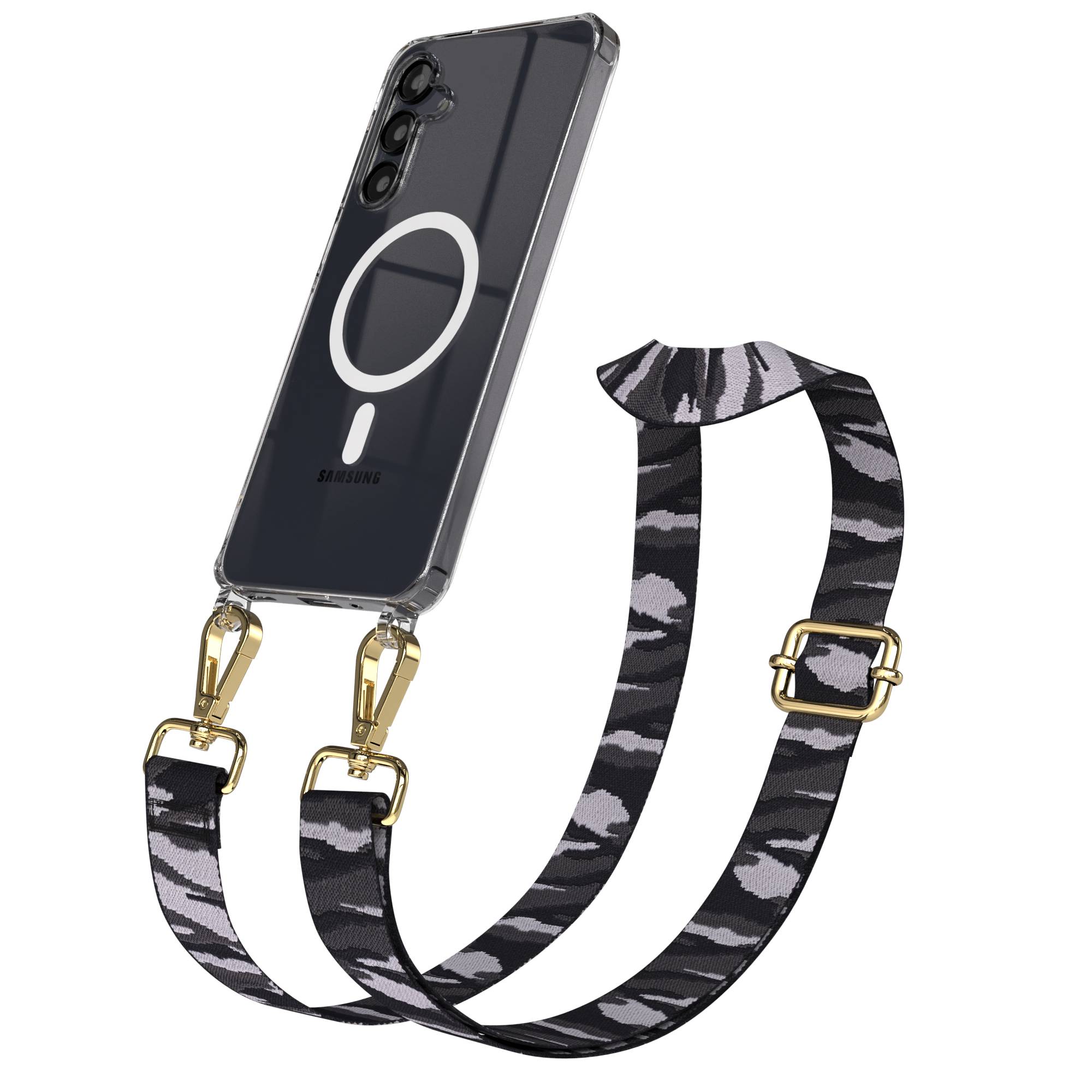 Samsung Galaxy A16 Handykette mit MagSafe Hülle und Boho Trageriemen #farbe_grau-camouflage-metallfarbe-gold