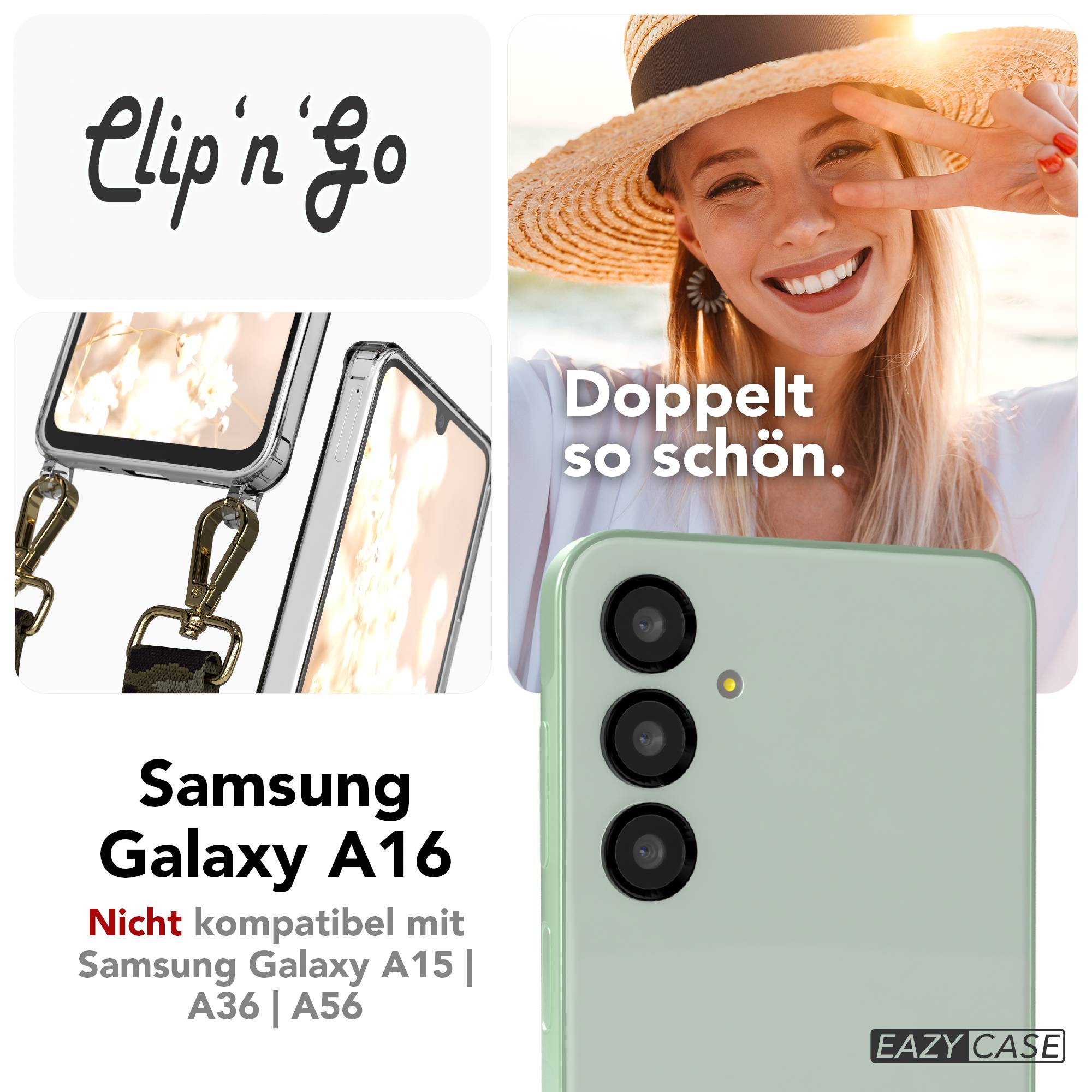 Samsung Galaxy A16 Handykette mit MagSafe Hülle und Boho Trageriemen #farbe_grun-camouflage-metallfarbe-gold