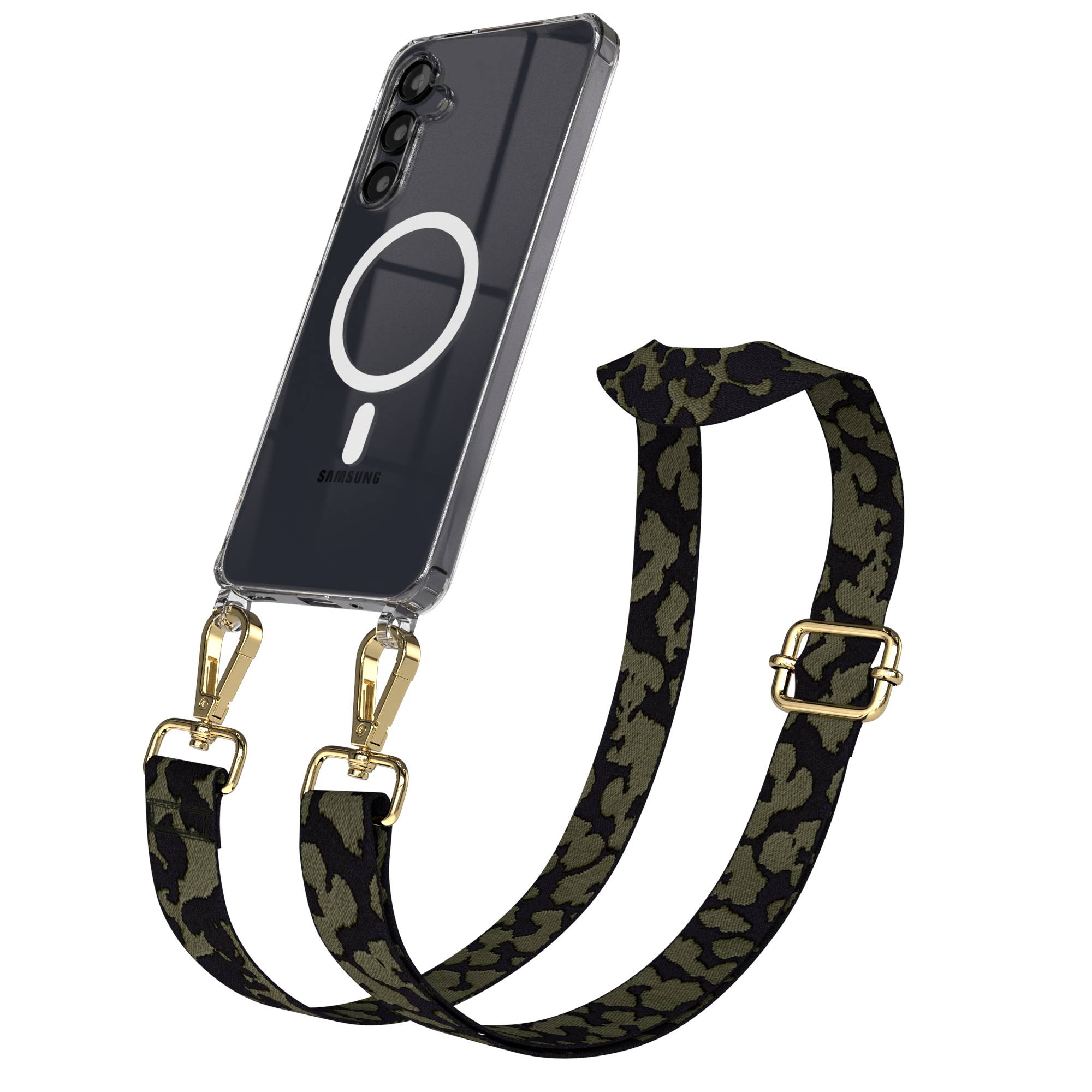 Samsung Galaxy A16 Handykette mit MagSafe Hülle und Boho Trageriemen #farbe_dunkelgrun-camouflage-metallfarbe-gold