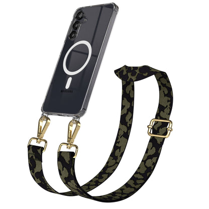 Samsung Galaxy A16 Handykette mit MagSafe Hülle und Boho Trageriemen #farbe_dunkelgrun-camouflage-metallfarbe-gold