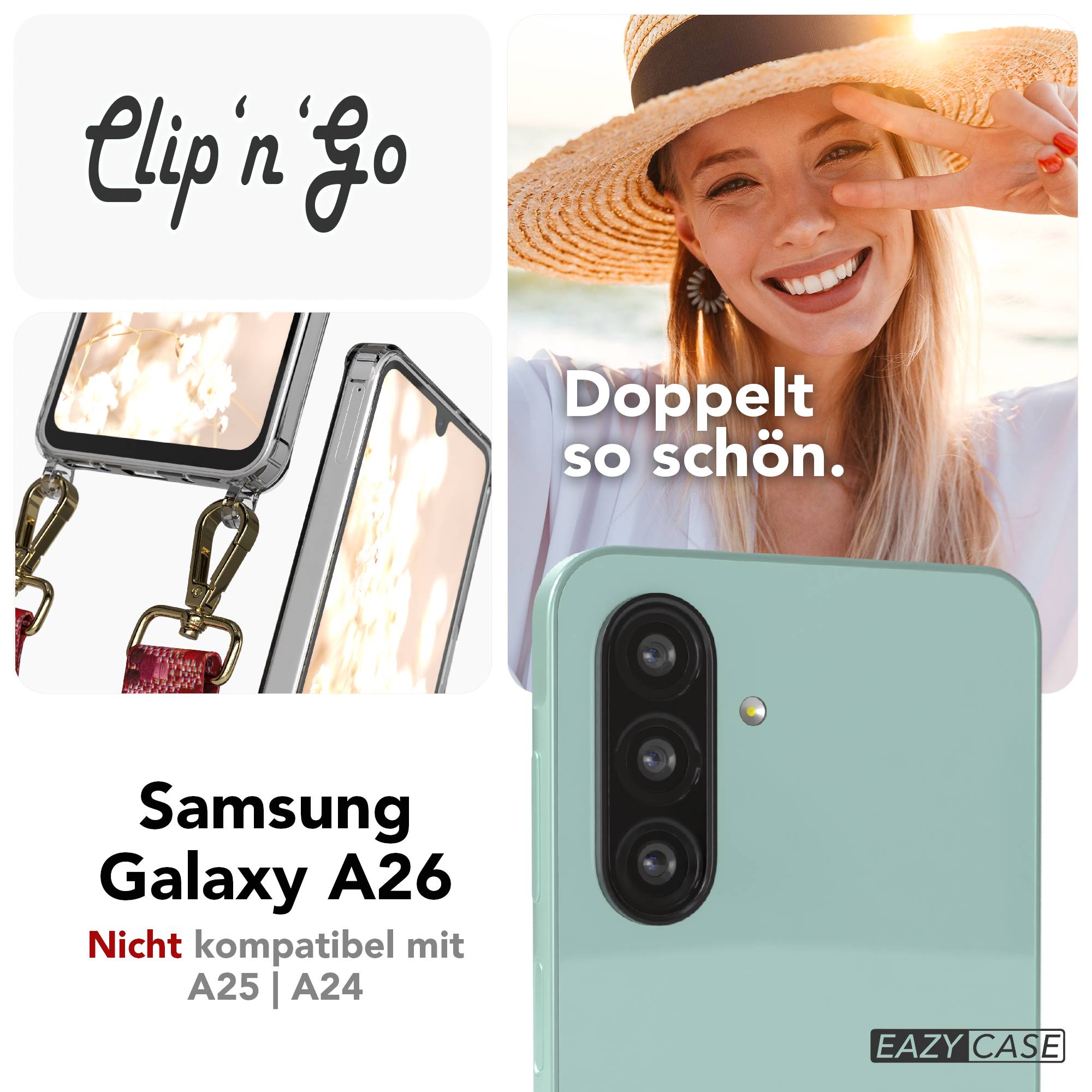 Samsung Galaxy A26 Handykette mit MagSafe Halterung und Boho Trageriemen Set #farbe_beere-metallfarbe-gold