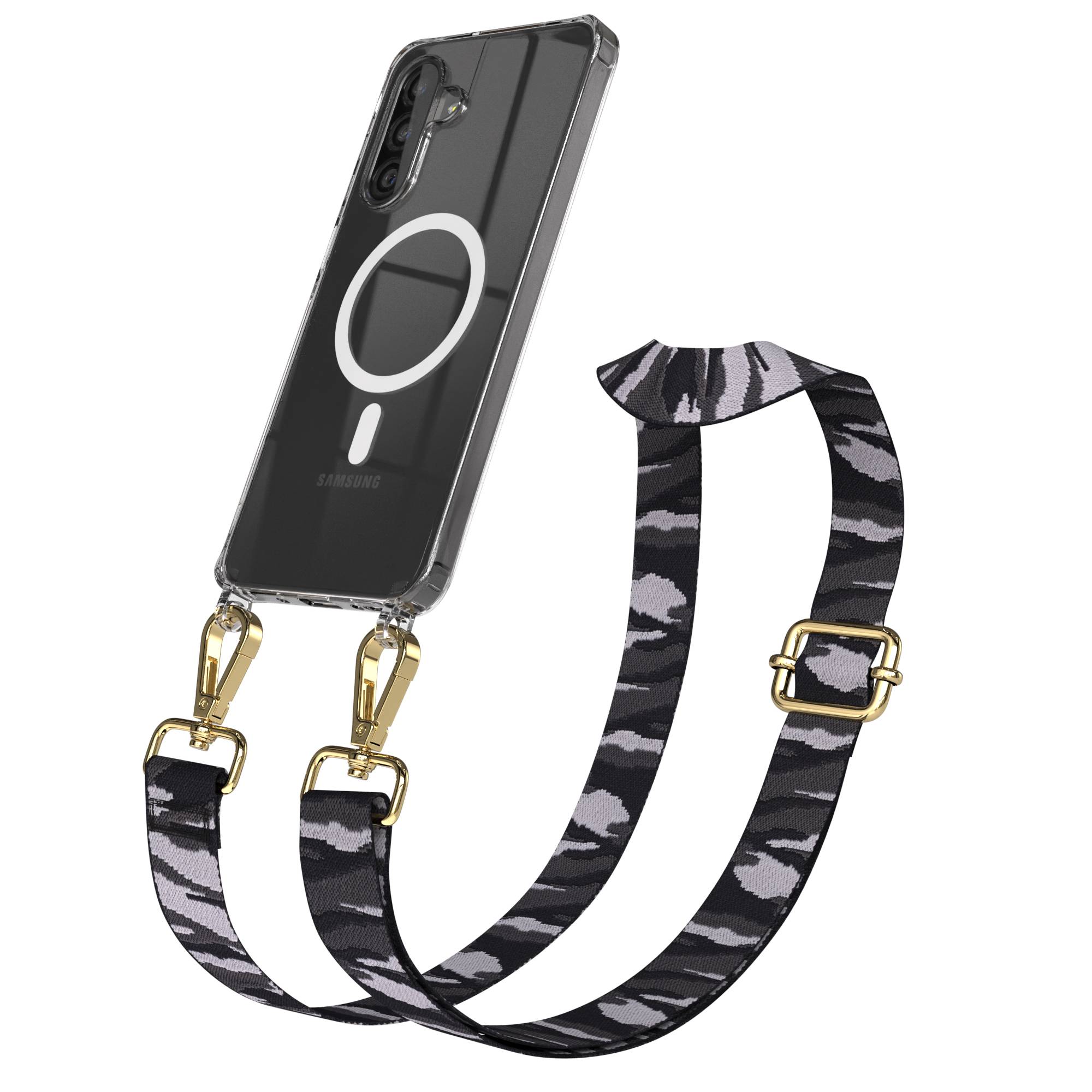 Samsung Galaxy A26 Handykette mit MagSafe Halterung und Boho Trageriemen Set #farbe_grau-camouflage-metallfarbe-gold
