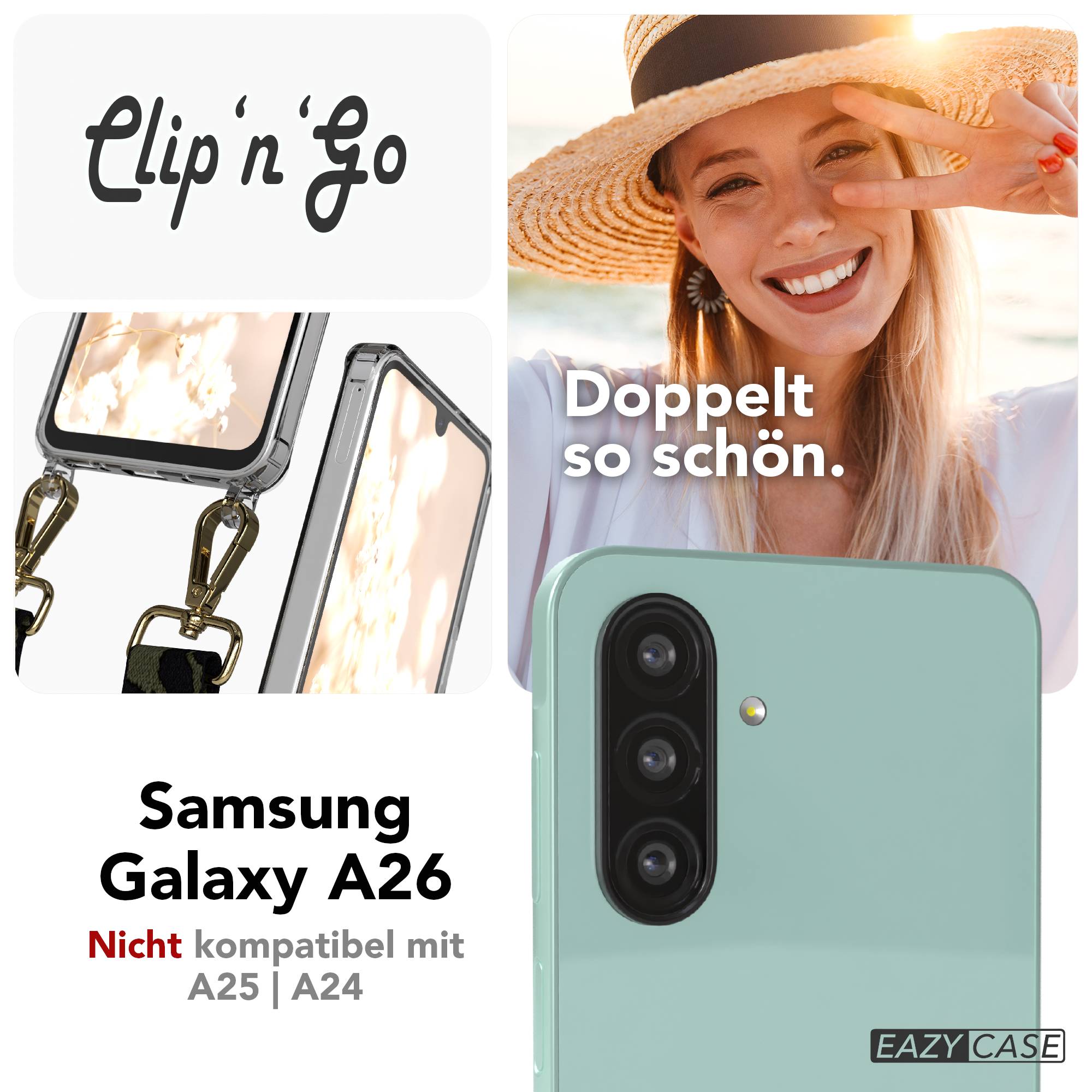 Samsung Galaxy A26 Handykette mit MagSafe Halterung und Boho Trageriemen Set #farbe_dunkelgrun-camouflage-metallfarbe-gold