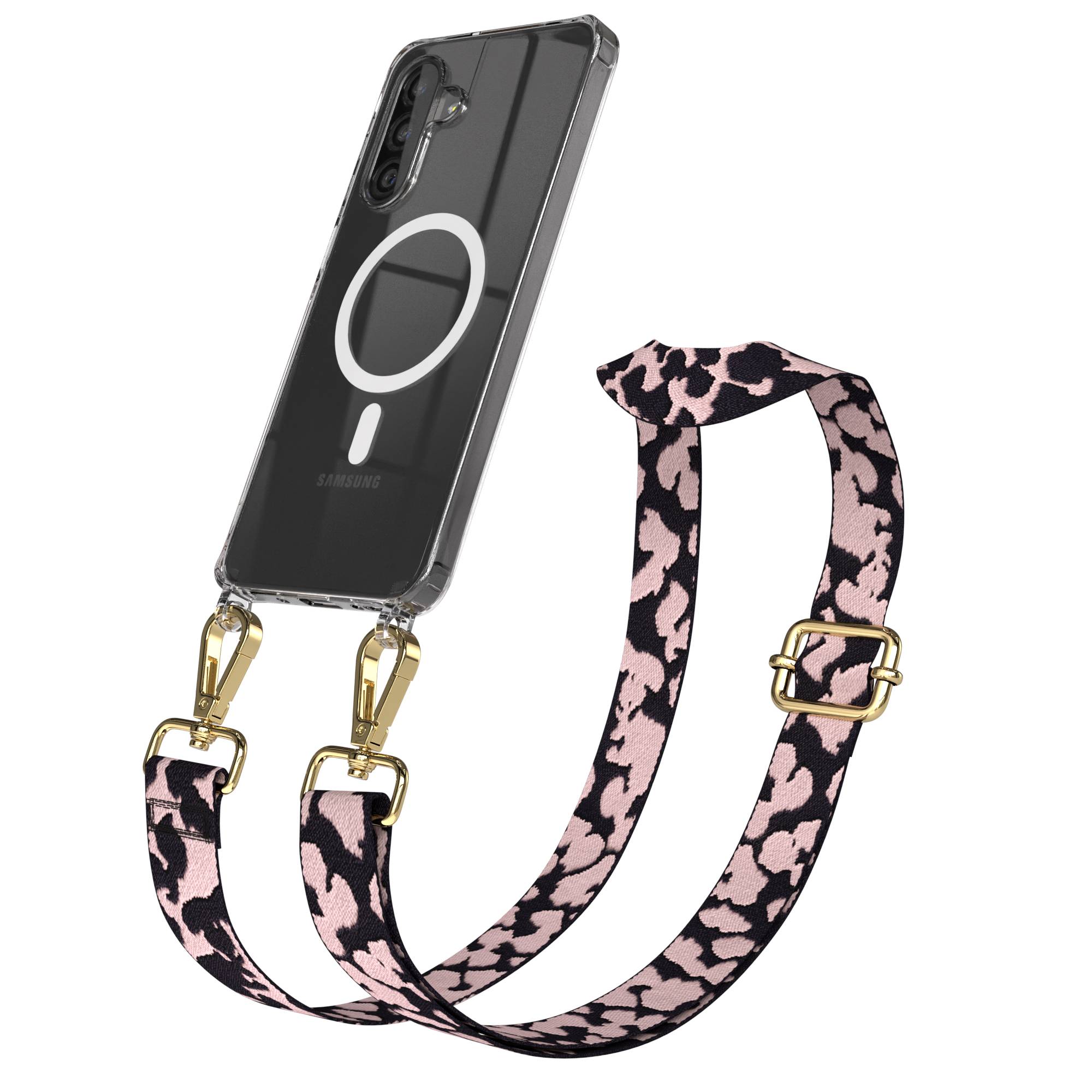 Samsung Galaxy A26 Handykette mit MagSafe Halterung und Boho Trageriemen Set #farbe_rosa-camouflage-metallfarbe-gold