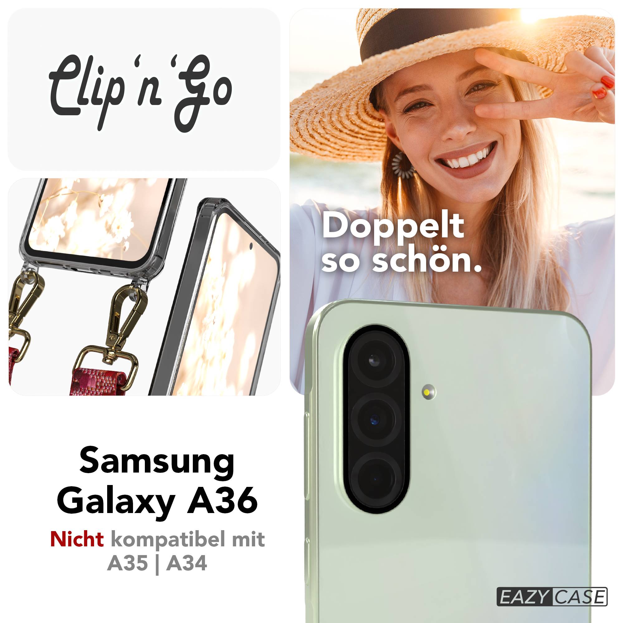 Samsung Galaxy A36 Handykette MagSafe Hülle mit verstellbarem Boho Trageriemen #farbe_beere-metallfarbe-gold