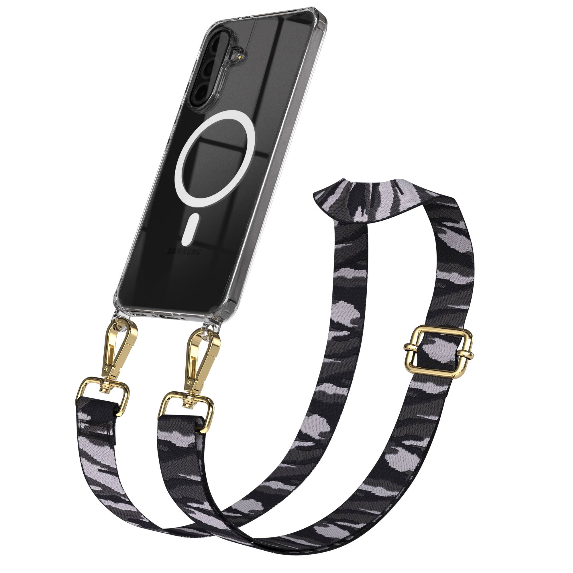 Samsung Galaxy A36 Handykette MagSafe Hülle mit verstellbarem Boho Trageriemen #farbe_grau-camouflage-metallfarbe-gold