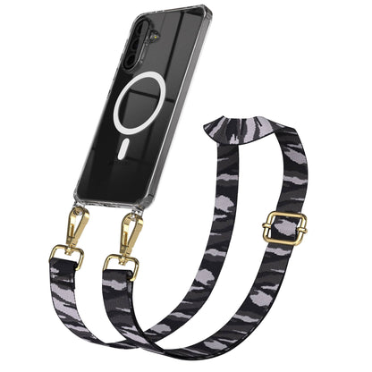 Samsung Galaxy A36 Handykette MagSafe Hülle mit verstellbarem Boho Trageriemen #farbe_grau-camouflage-metallfarbe-gold