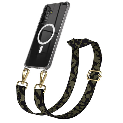 Samsung Galaxy A36 Handykette MagSafe Hülle mit verstellbarem Boho Trageriemen #farbe_dunkelgrun-camouflage-metallfarbe-gold