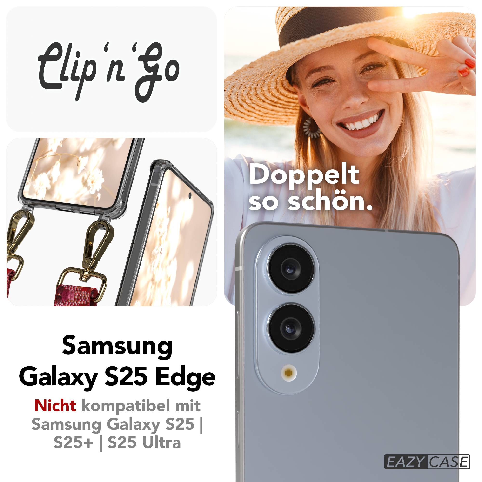 Samsung Galaxy S25 Edge Handykette mit MagSafe Hülle und Boho Band #farbe_beere-metallfarbe-gold