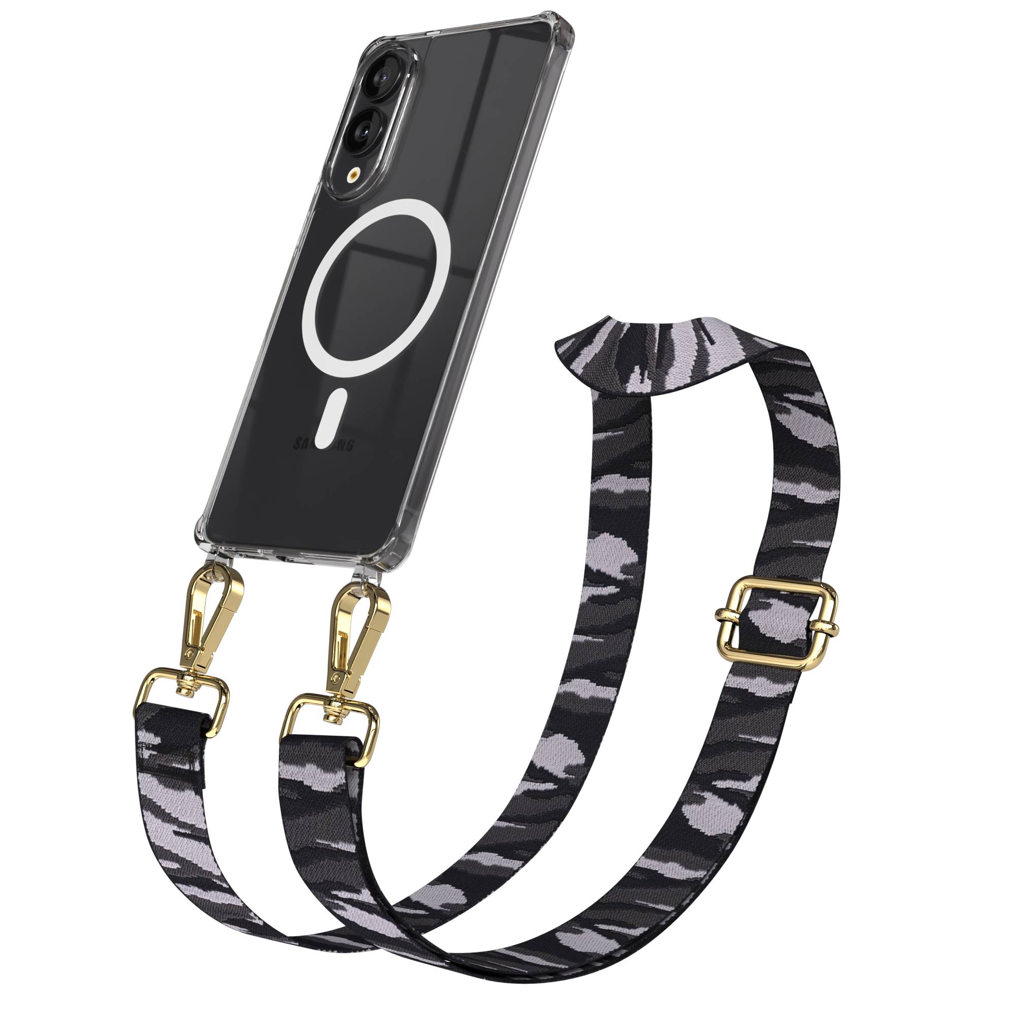 Samsung Galaxy S25 Edge Handykette mit MagSafe Hülle und Boho Band #farbe_grau-camouflage-metallfarbe-gold