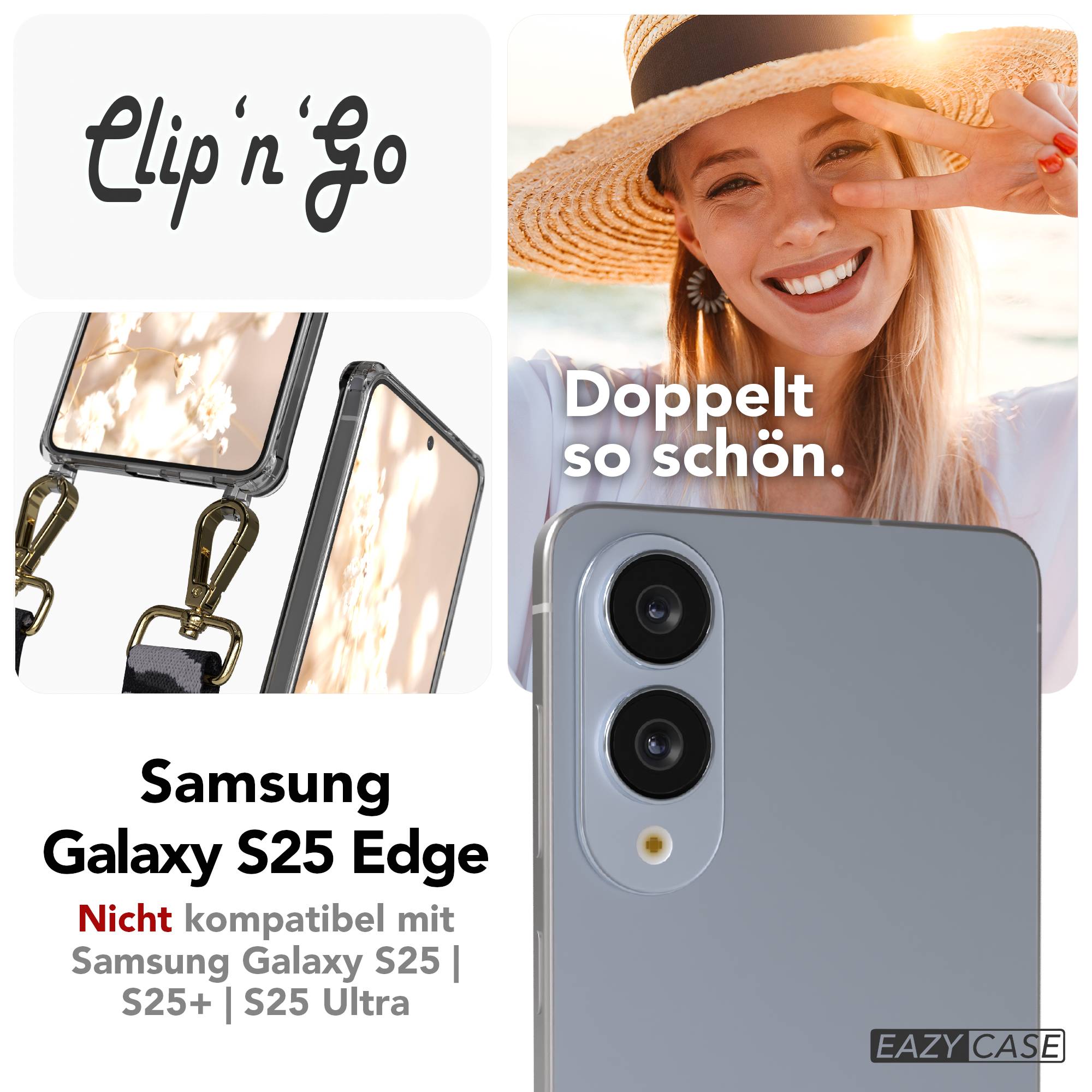 Samsung Galaxy S25 Edge Handykette mit MagSafe Hülle und Boho Band #farbe_grau-camouflage-metallfarbe-gold