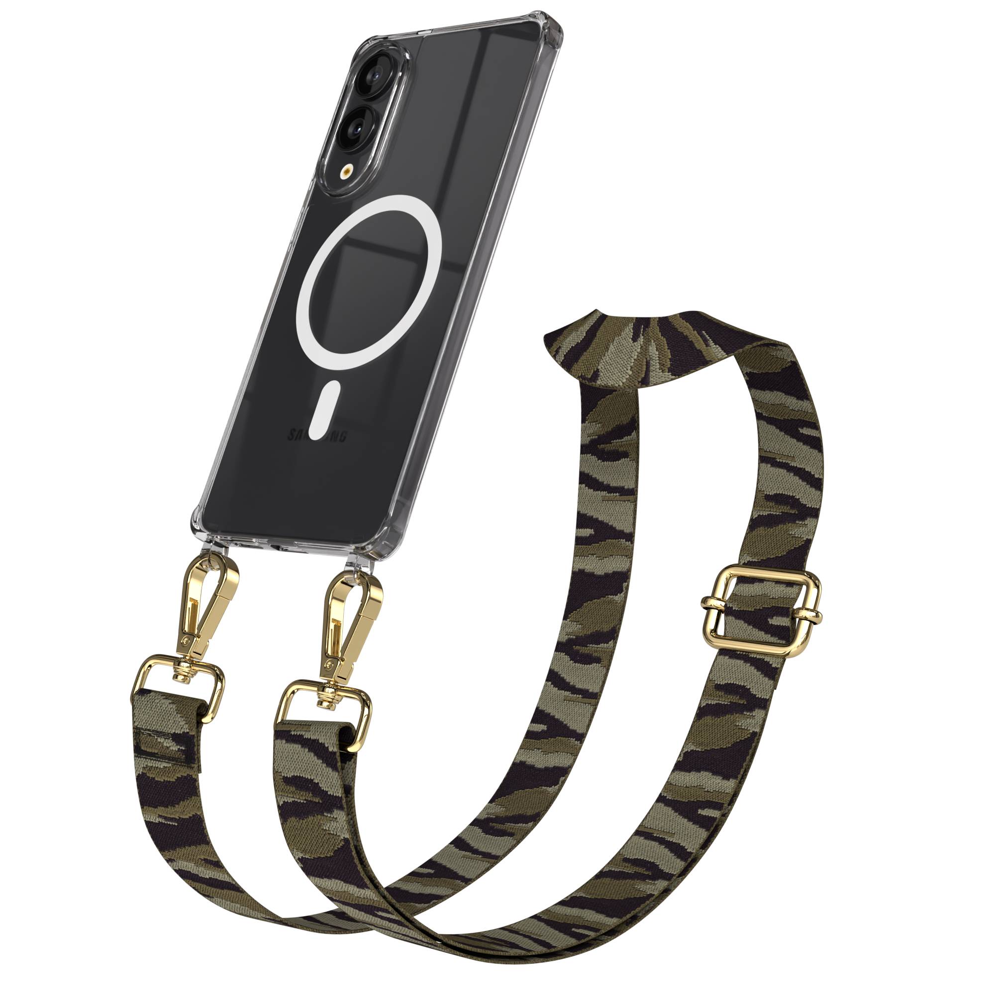 Samsung Galaxy S25 Edge Handykette mit MagSafe Hülle und Boho Band #farbe_grun-camouflage-metallfarbe-gold