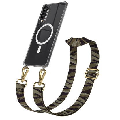 Samsung Galaxy S25 Edge Handykette mit MagSafe Hülle und Boho Band #farbe_grun-camouflage-metallfarbe-gold
