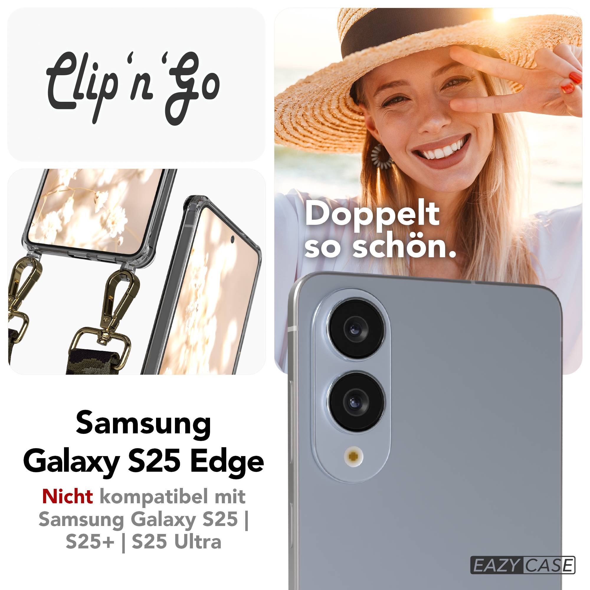 Samsung Galaxy S25 Edge Handykette mit MagSafe Hülle und Boho Band #farbe_grun-camouflage-metallfarbe-gold