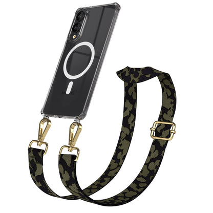 Samsung Galaxy S25 Edge Handykette mit MagSafe Hülle und Boho Band #farbe_dunkelgrun-camouflage-metallfarbe-gold