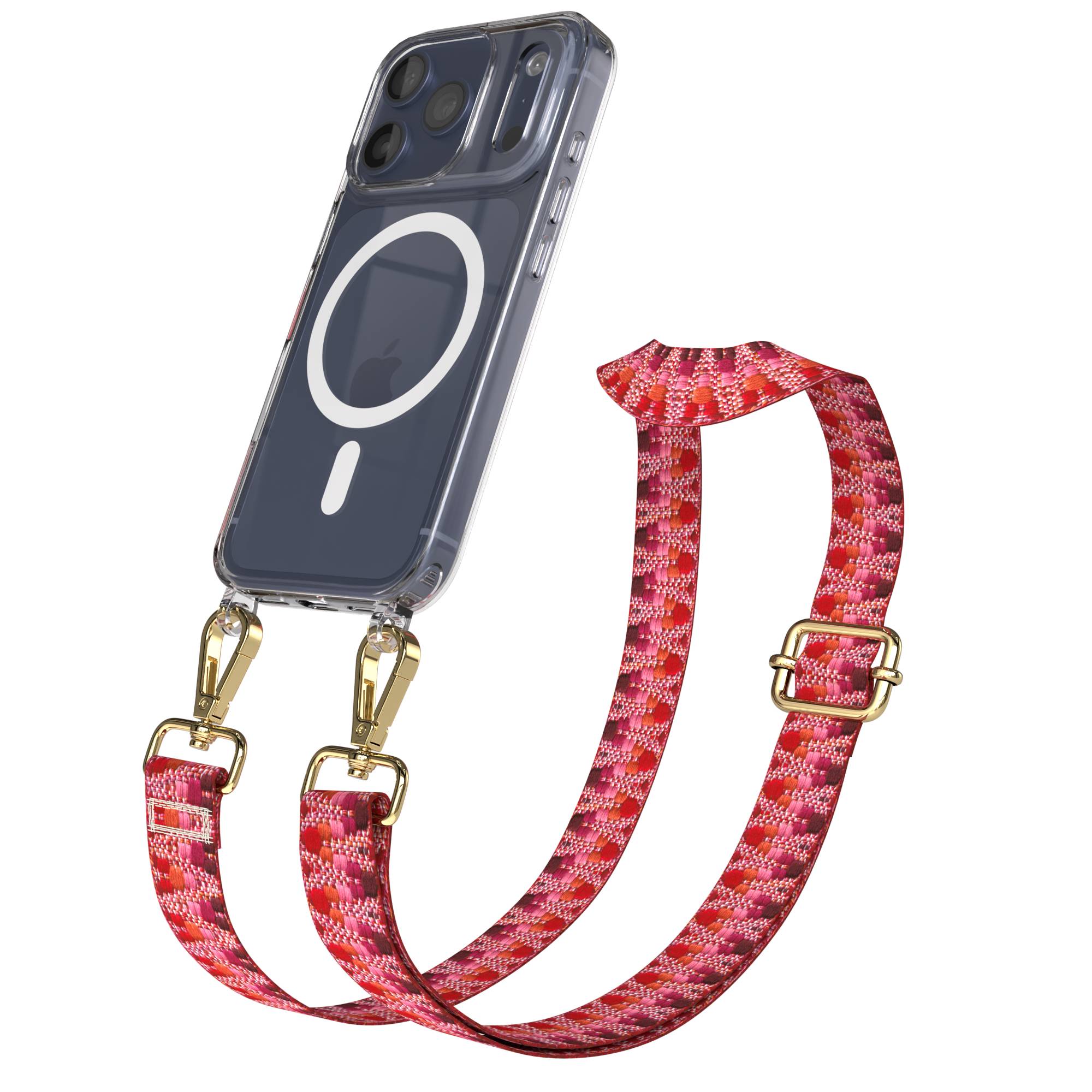 iPhone 17 Pro MagSafe Handykette mit verstellbarem Boho Band Tragekette #farbe_beere-metallfarbe-gold