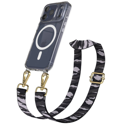 iPhone 17 Pro MagSafe Handykette mit verstellbarem Boho Band Tragekette #farbe_grau-camouflage-metallfarbe-gold