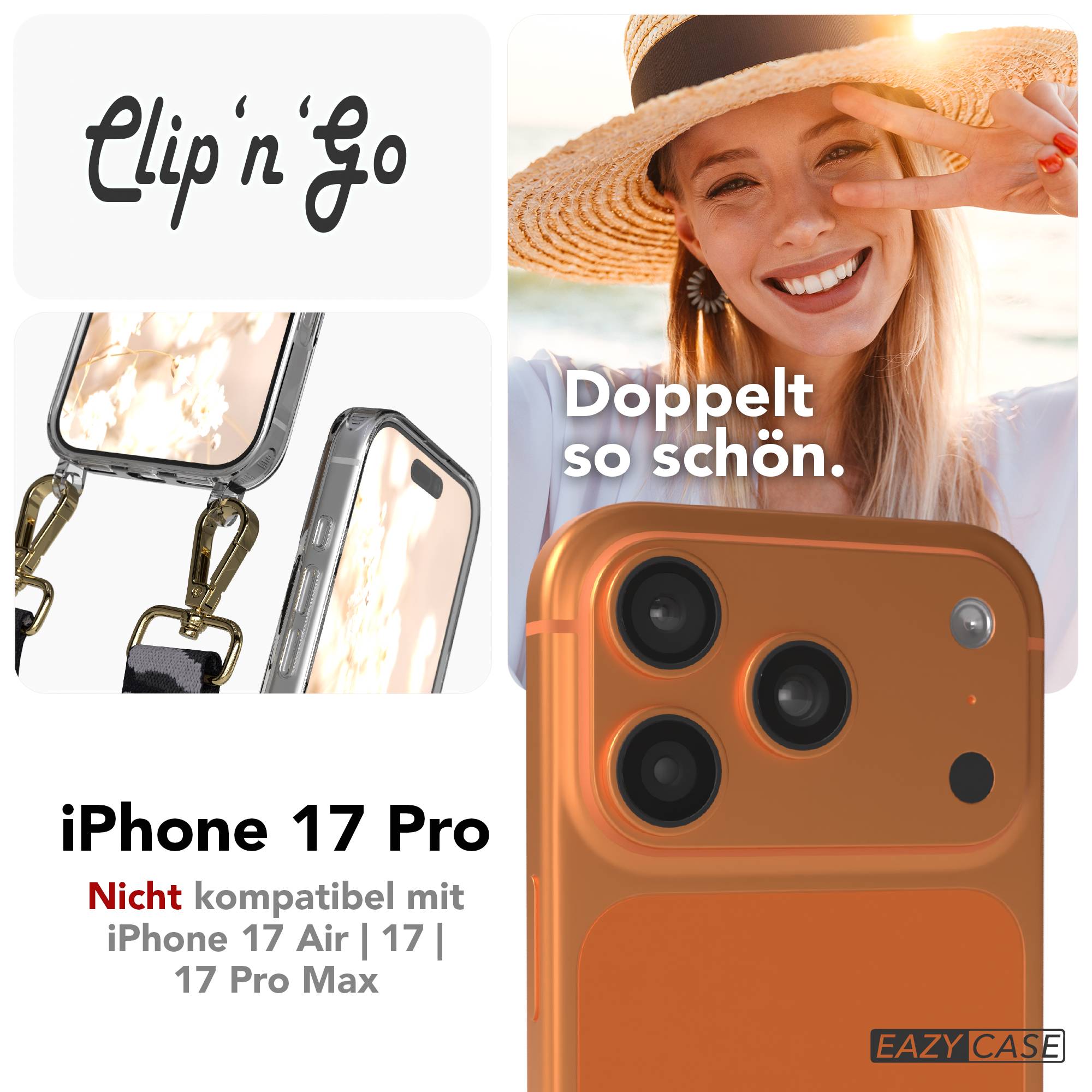 iPhone 17 Pro MagSafe Handykette mit verstellbarem Boho Band Tragekette #farbe_grau-camouflage-metallfarbe-gold