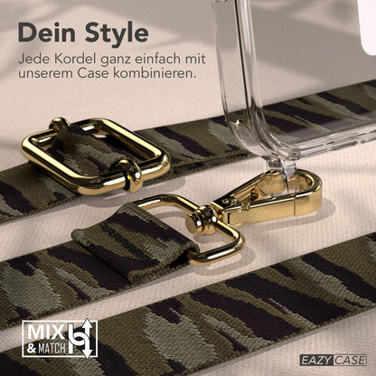 iPhone 17 Pro MagSafe Handykette mit verstellbarem Boho Band Tragekette #farbe_grun-camouflage-metallfarbe-gold