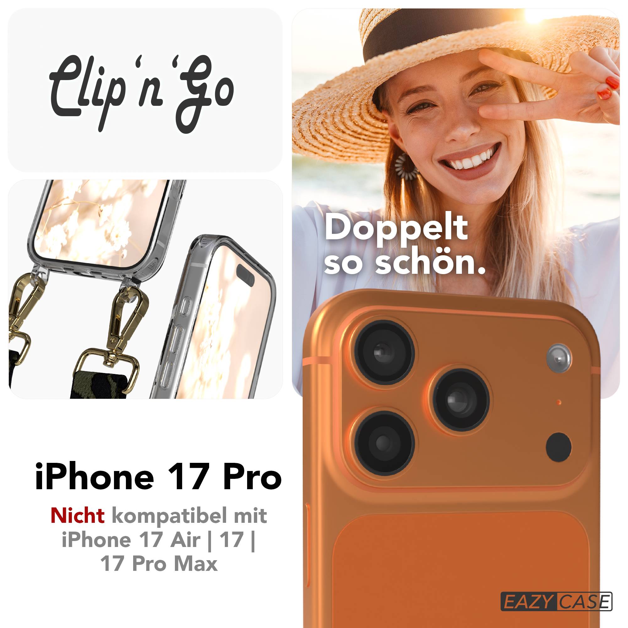 iPhone 17 Pro MagSafe Handykette mit verstellbarem Boho Band Tragekette #farbe_dunkelgrun-camouflage-metallfarbe-gold
