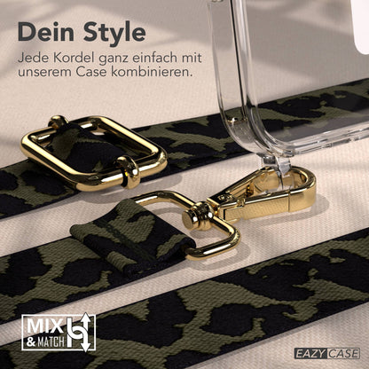 iPhone 17 Pro MagSafe Handykette mit verstellbarem Boho Band Tragekette #farbe_dunkelgrun-camouflage-metallfarbe-gold