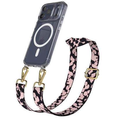iPhone 17 Pro MagSafe Handykette mit verstellbarem Boho Band Tragekette #farbe_rosa-camouflage-metallfarbe-gold