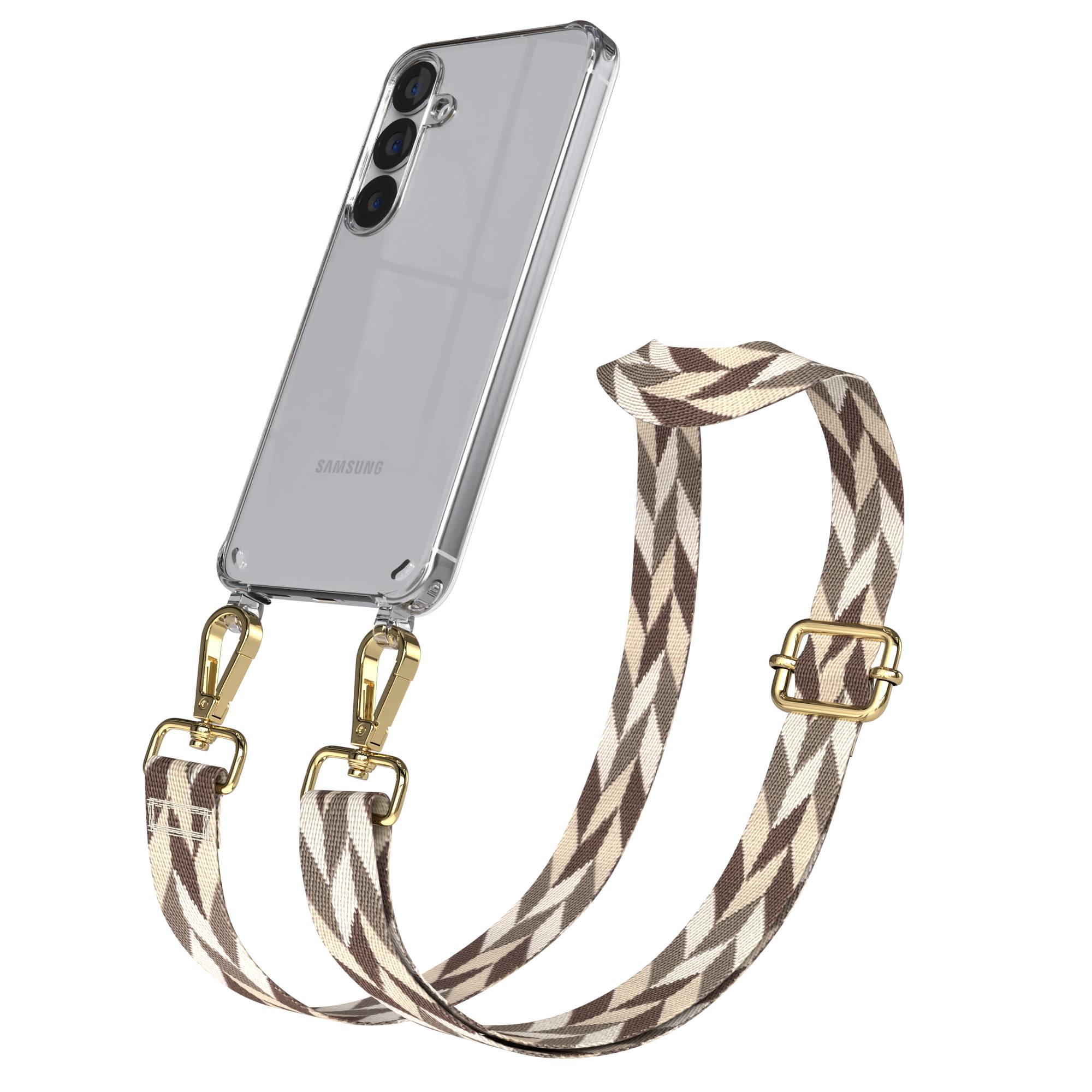Samsung Galaxy S25 Handykette mit verstellbarem Boho Trageriemen und Metallapplikationen 