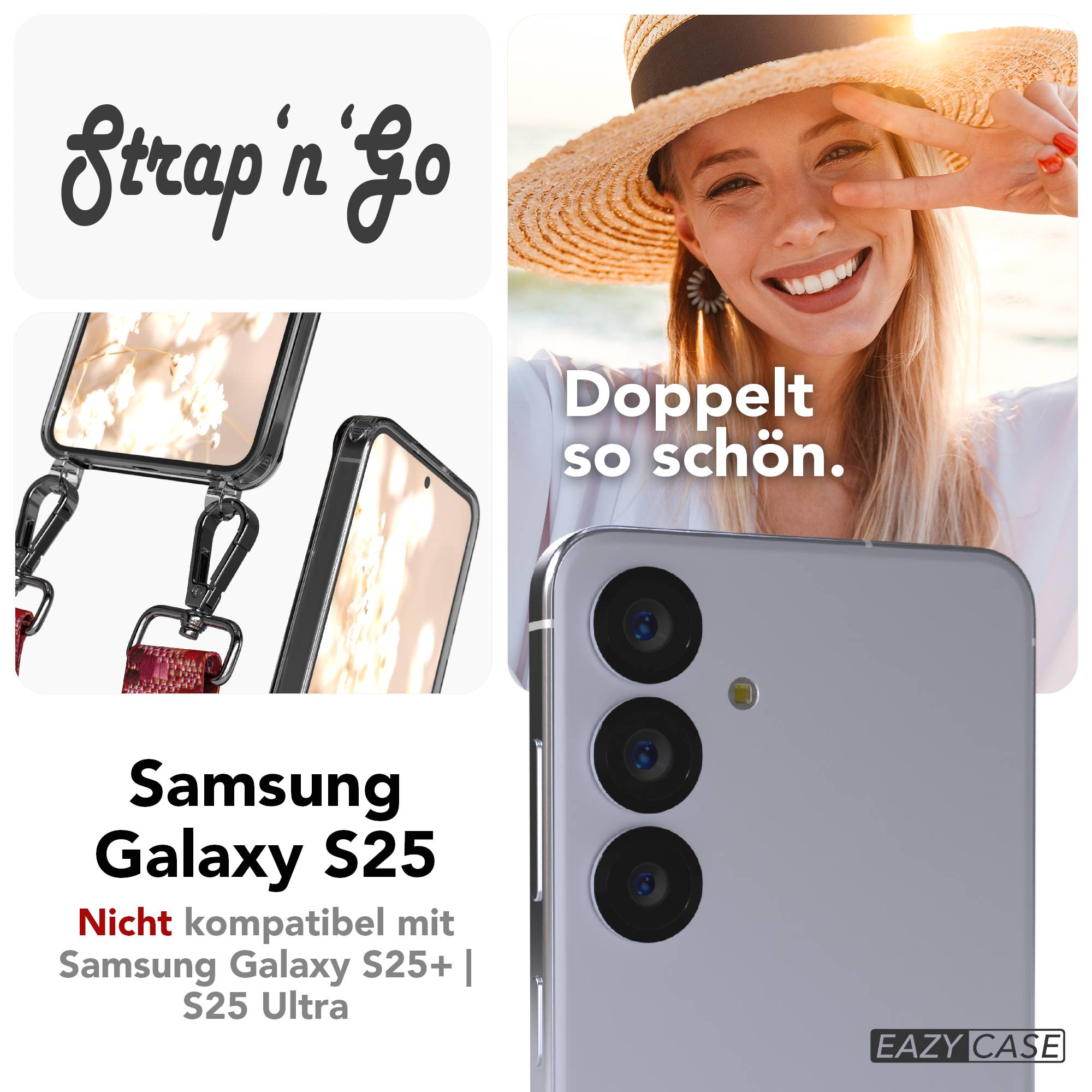 Samsung Galaxy S25 Handykette mit verstellbarem Boho Trageriemen und Metallapplikationen 